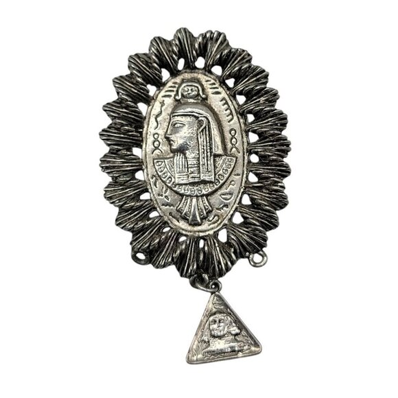 Pharaoh Profile Brooch Silver Tone Victorian Revival Vintage Dangling Temple - Picture 1 of 6